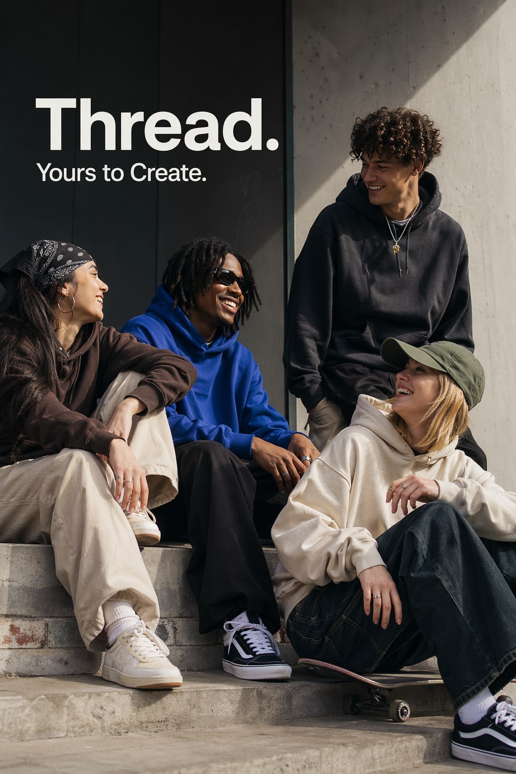 Четверо друзей в уличной одежде; рекламная надпись Thread. Yours to Create.