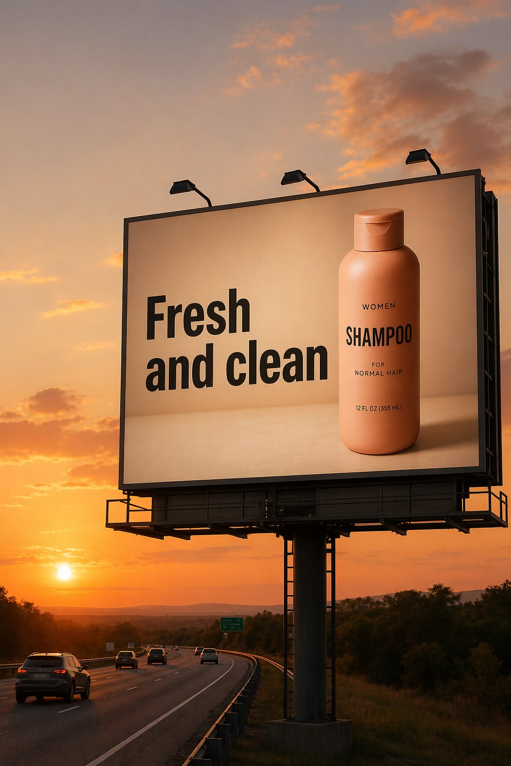 Продуктовый билборд с шампунем и надписью Fresh and clean у дороги на закате